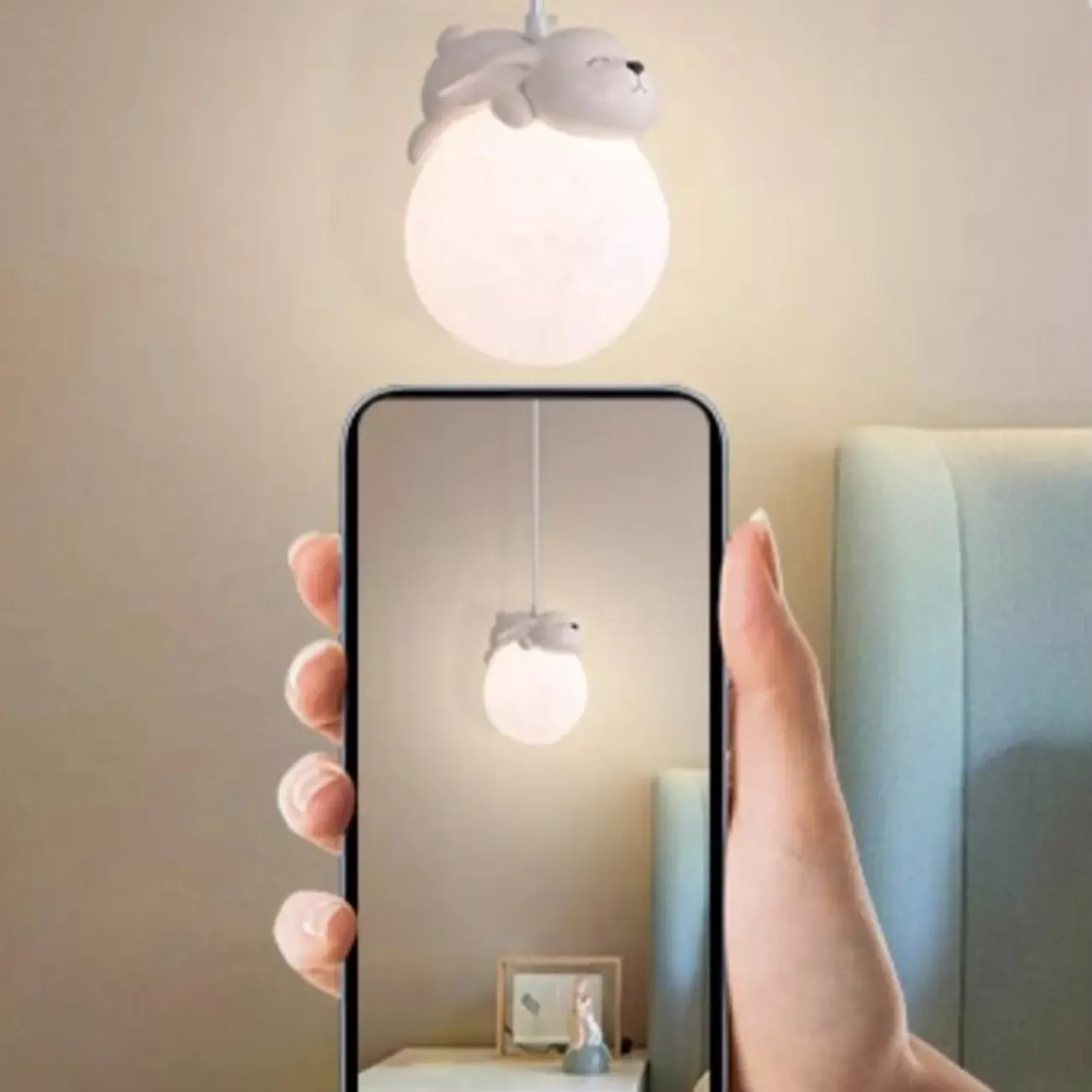 Kids Dimmable 3D Moon Pendant Light with Rabbit for Bedroom Image - 12
