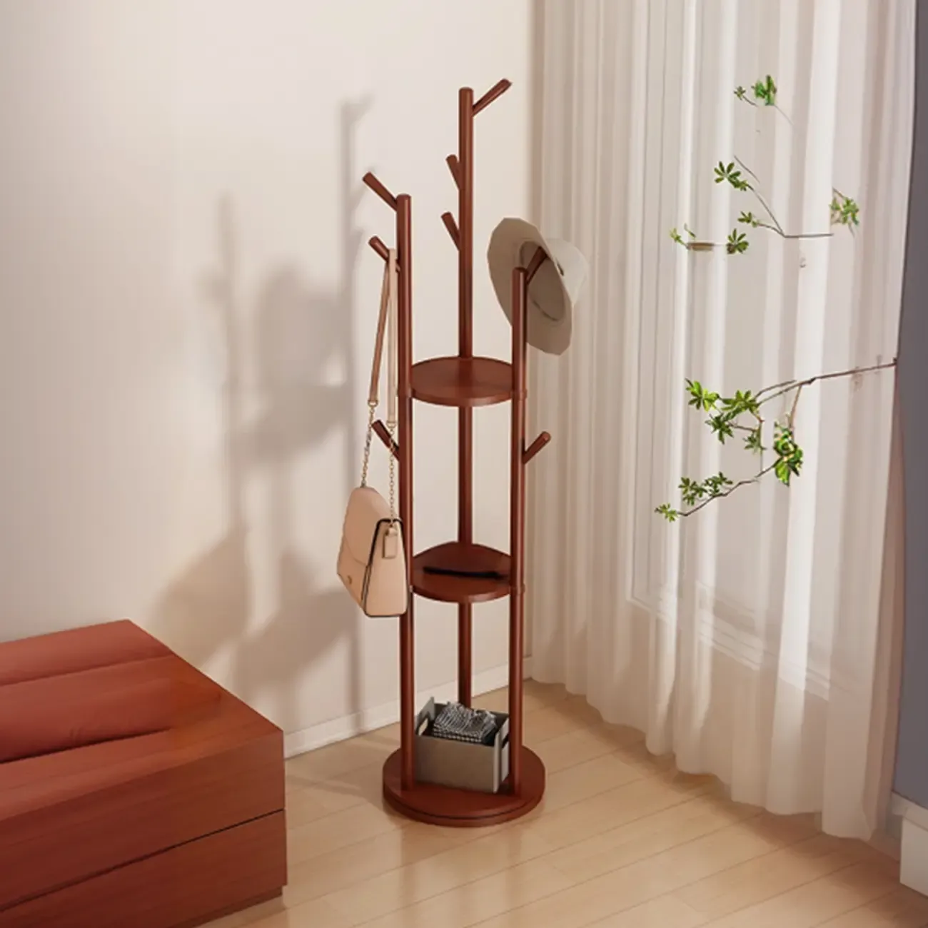 Modern Rotating Wooden Coat Rack with Shelves Image - 1