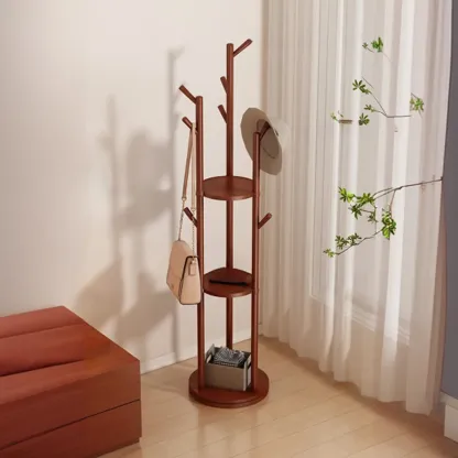 Modern Rotating Wooden Coat Rack with Shelves Image - 1