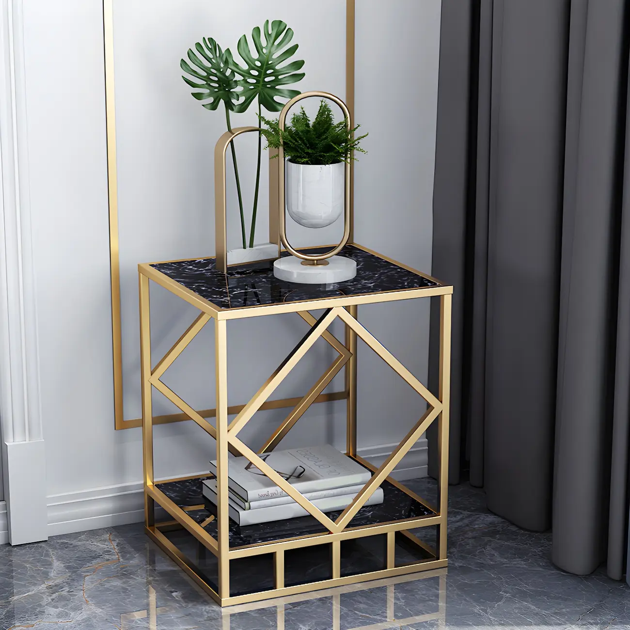 Luxury Bedside Table with Metal Frame in Black Stone Countertop Image - 1 | homeyfad