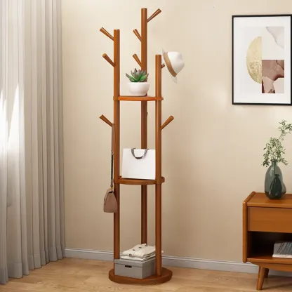 Modern Rotating Wooden Coat Rack with Shelves Image - 2