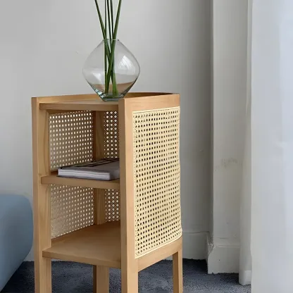 Rustic Natural Wooden Bedside Table with Open Storage Shelves Image - 13