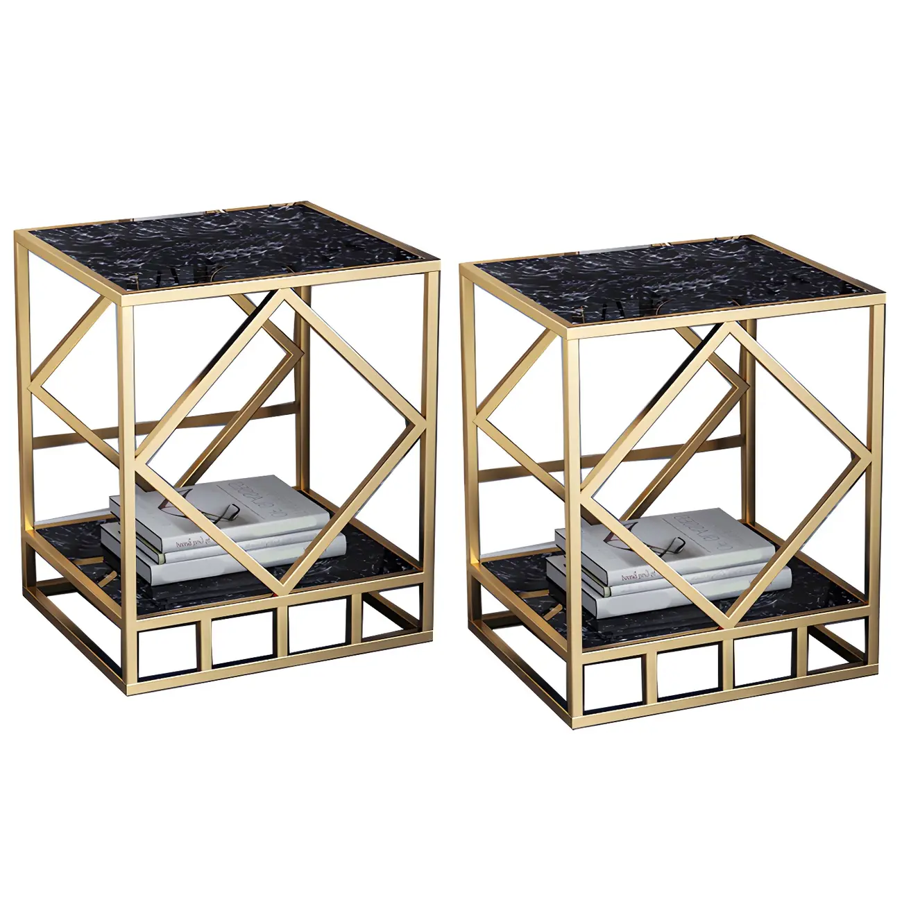 Luxury Bedside Table with Metal Frame in Black Stone Countertop Image - 2 | homeyfad