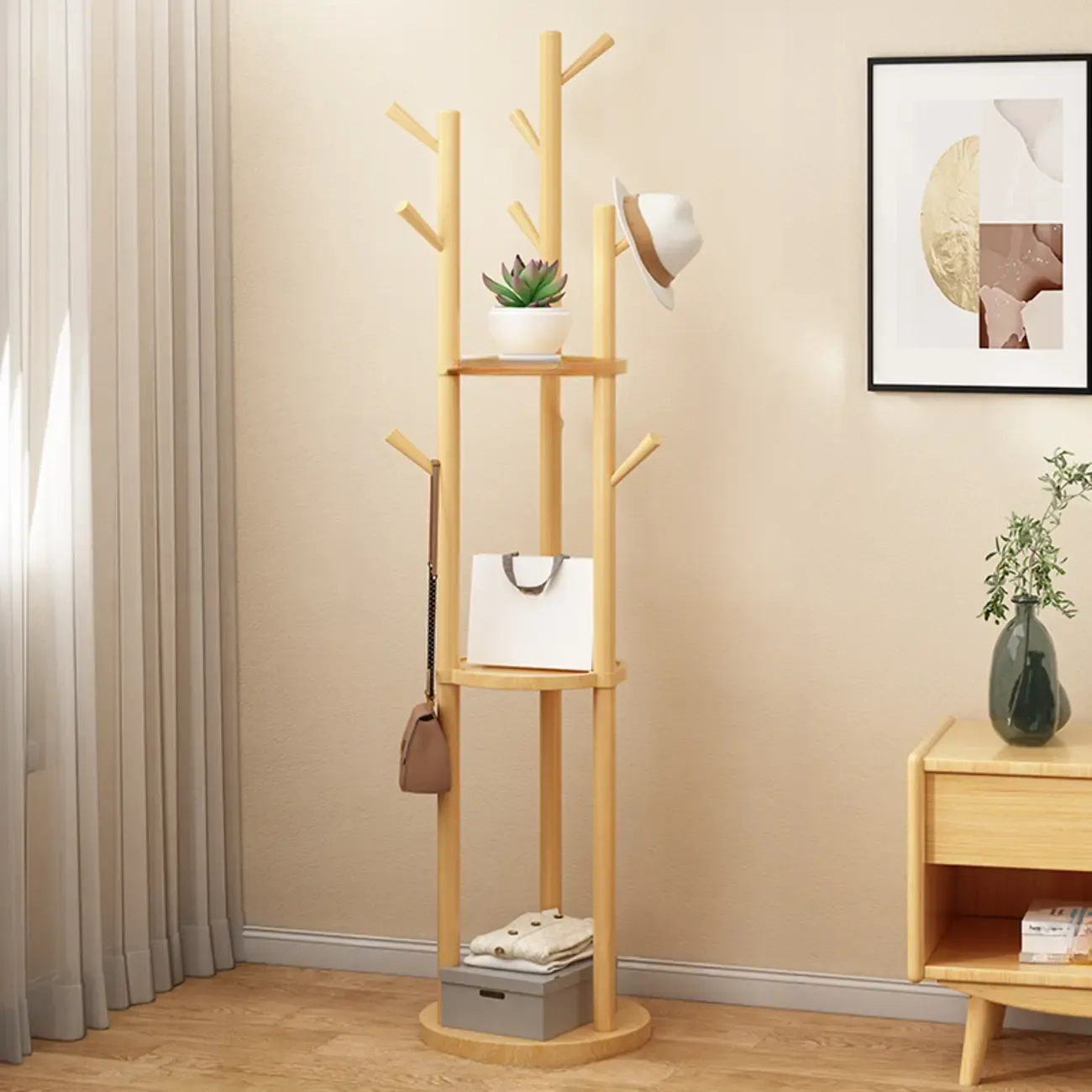 Modern Rotating Wooden Coat Rack with Shelves Image - 3