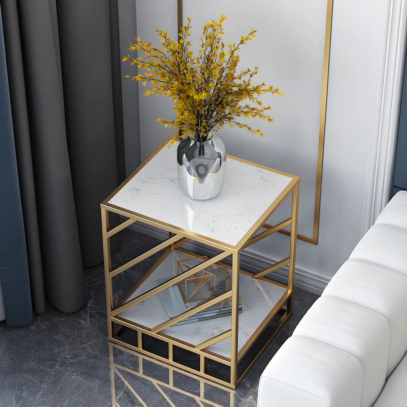 Luxury Bedside Table with Metal Frame in Black Stone Countertop Image - 3 | homeyfad