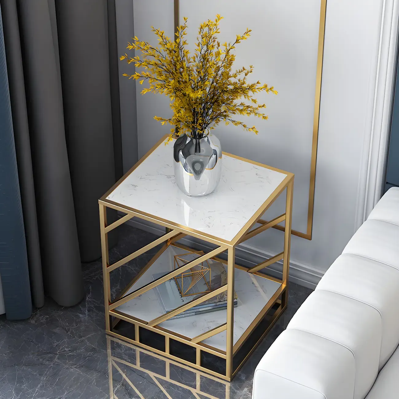 Luxury Bedside Table with Metal Frame in Black Stone Countertop Image - 3