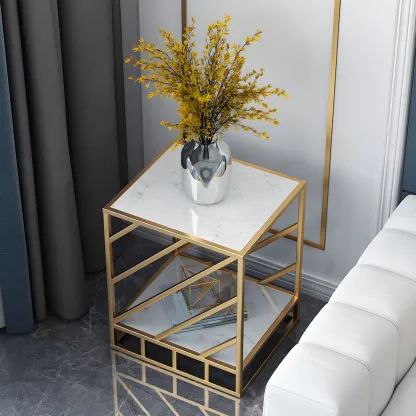 Luxury Bedside Table with Metal Frame in Black Stone Countertop Image - 3