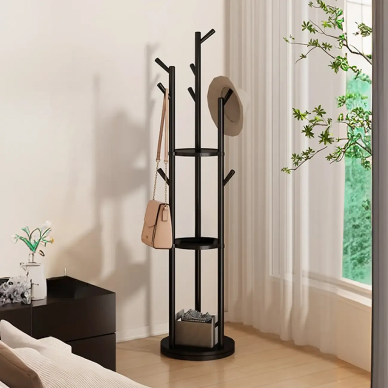 Modern Rotating Wooden Coat Rack with Shelves Image - 4