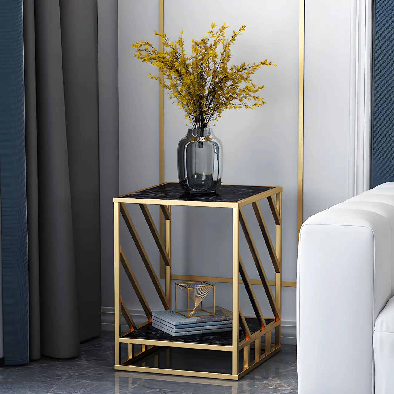 Luxury Bedside Table with Metal Frame in Black Stone Countertop Image - 4 | homeyfad