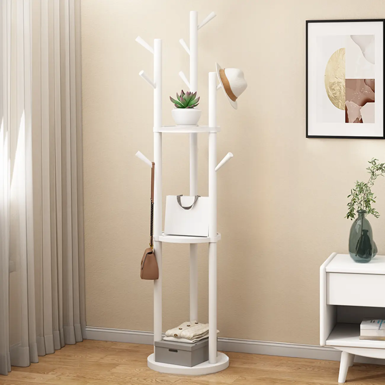 Modern Rotating Wooden Coat Rack with Shelves Image - 5 | homeyfad