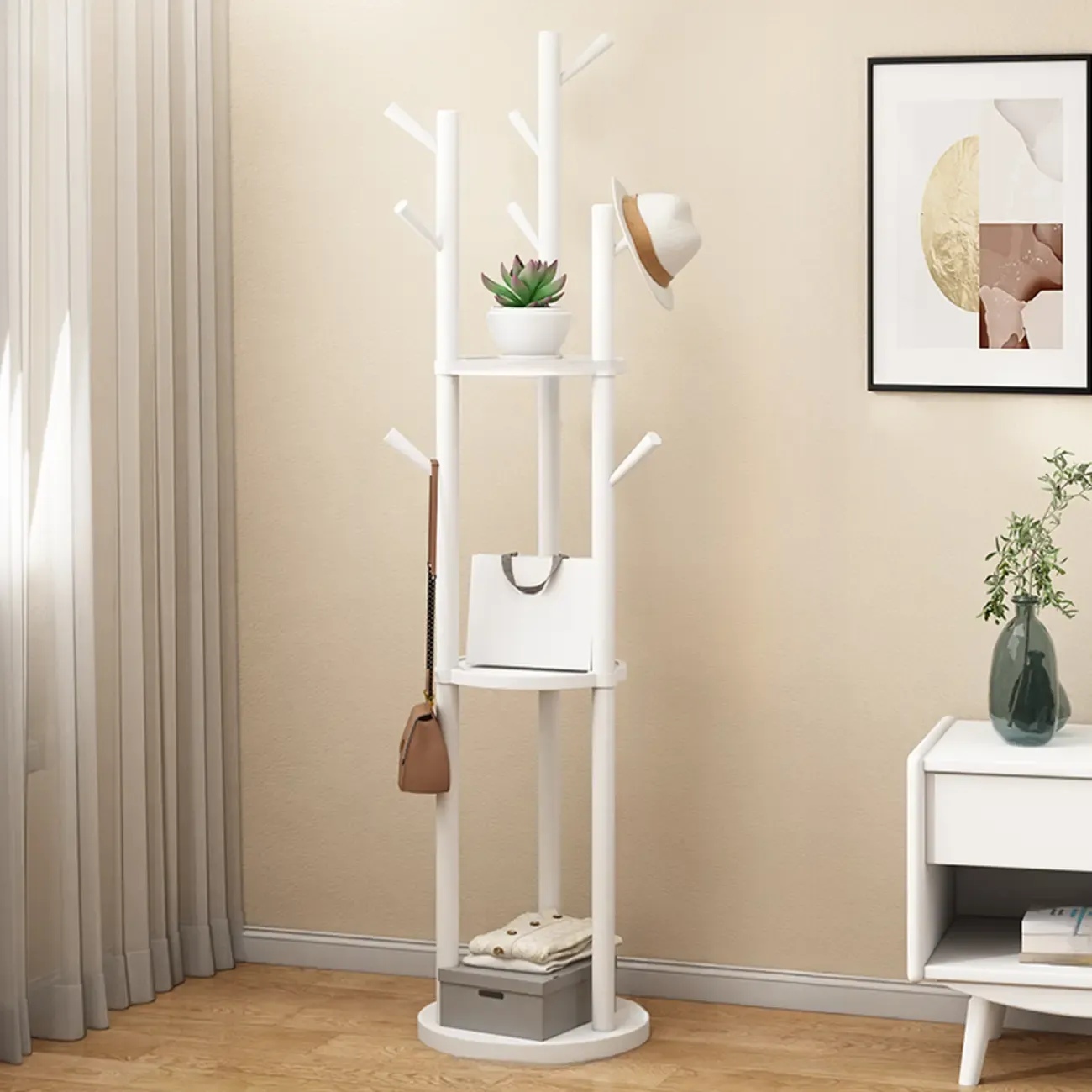 Modern Rotating Wooden Coat Rack with Shelves Image - 5