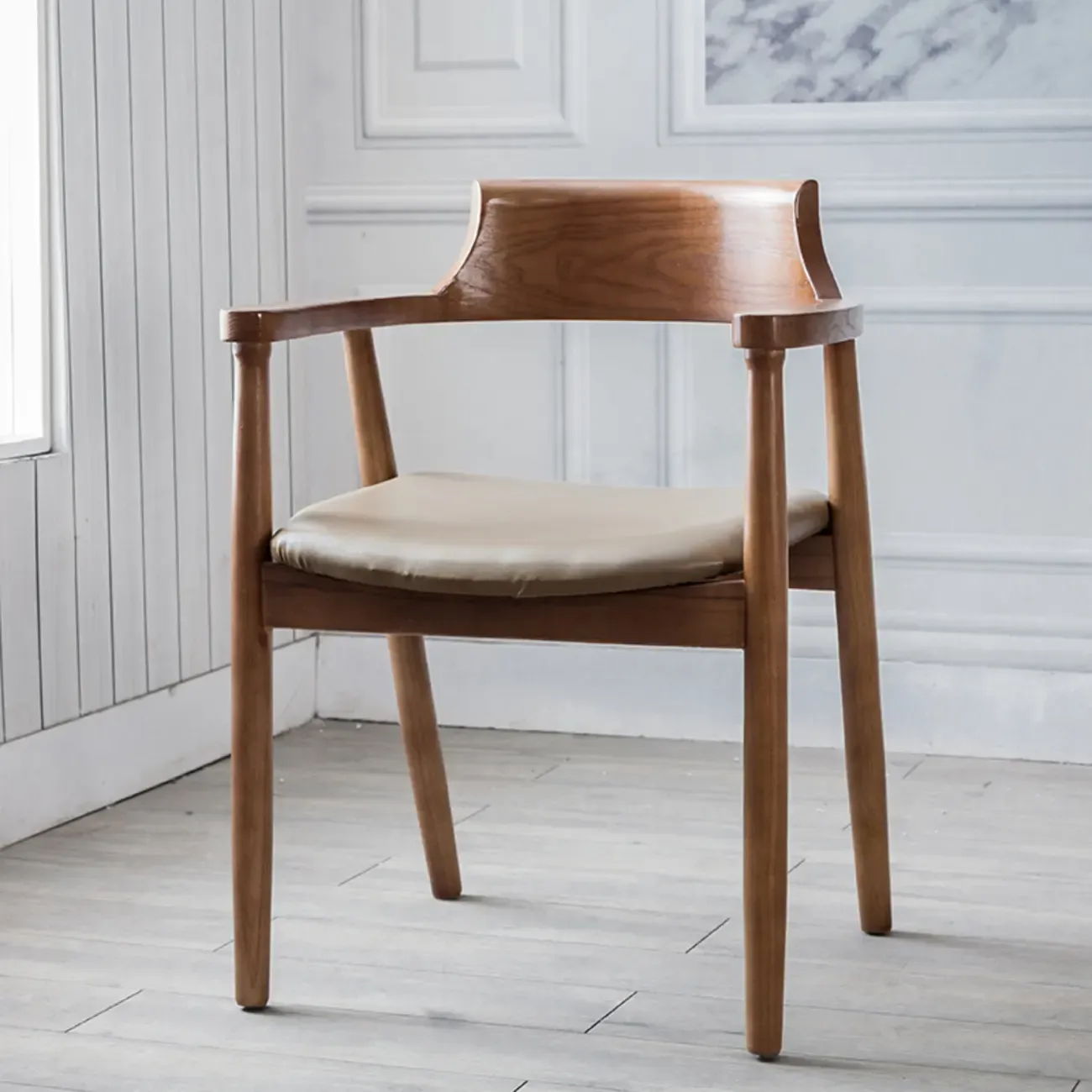 Simplistic Leather Upholstered Dining Chair Wooden with Armrest Image - 7