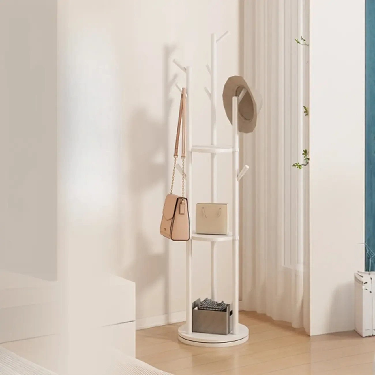 Modern Rotating Wooden Coat Rack with Shelves Image - 6