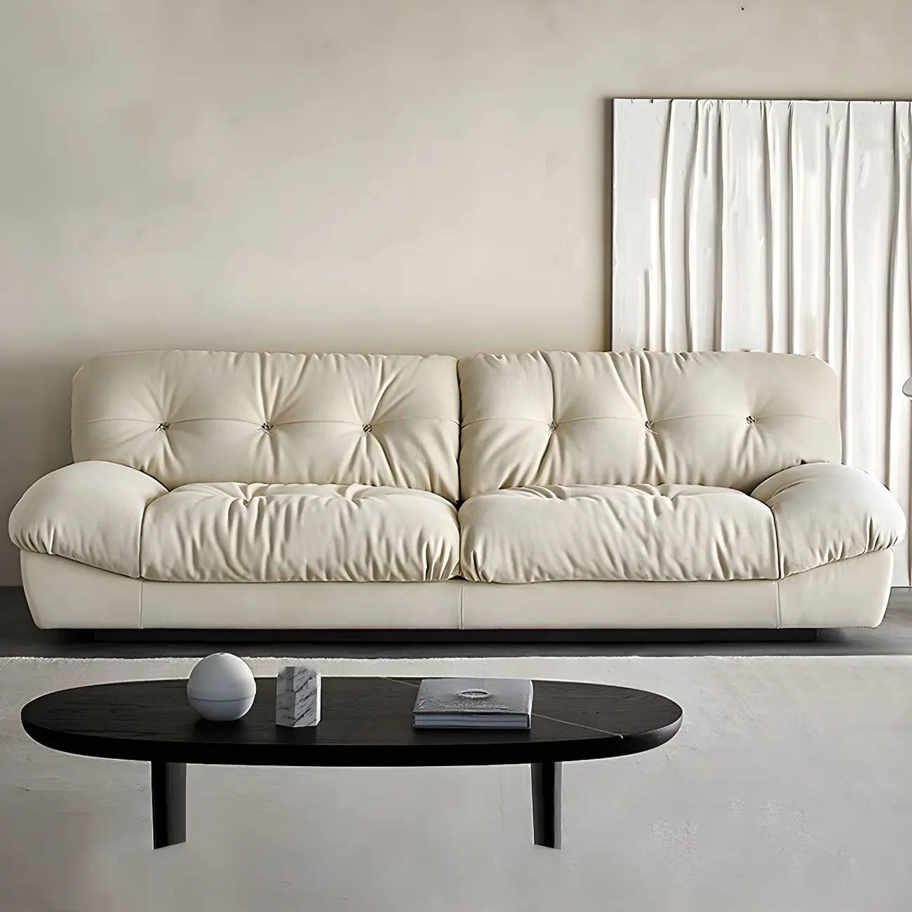 Modern Off-White Tufted Leather Sectional Sofa for Living Room Image - 1 | homeyfad