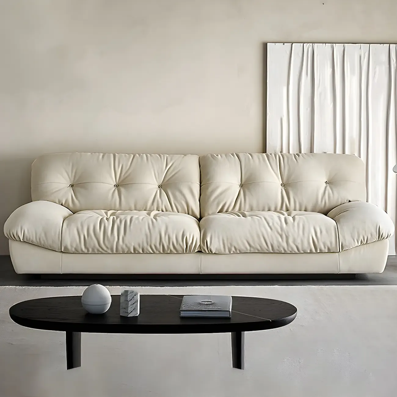 Modern Off-White Tufted Leather Sectional Sofa for Living Room Image - 1