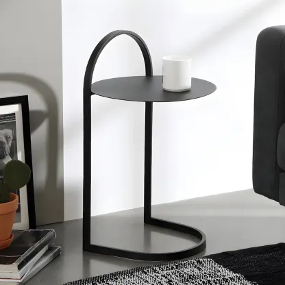 Simple Round Metal Bedside Table in Black with Shelf  Image - 1