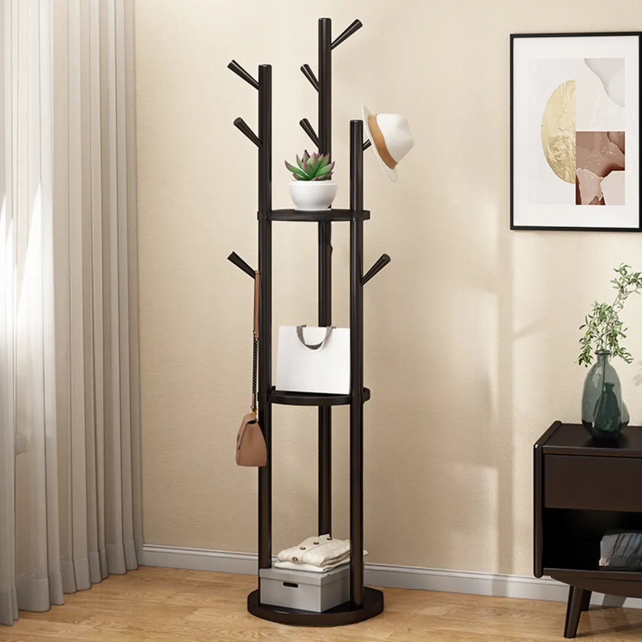 Modern Rotating Wooden Coat Rack with Shelves Image - 7 | homeyfad