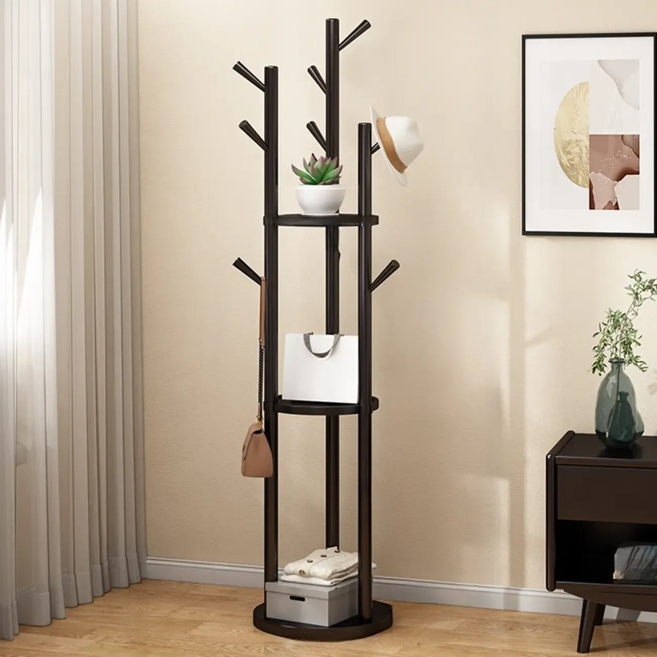 Modern Rotating Wooden Coat Rack with Shelves Image - 7