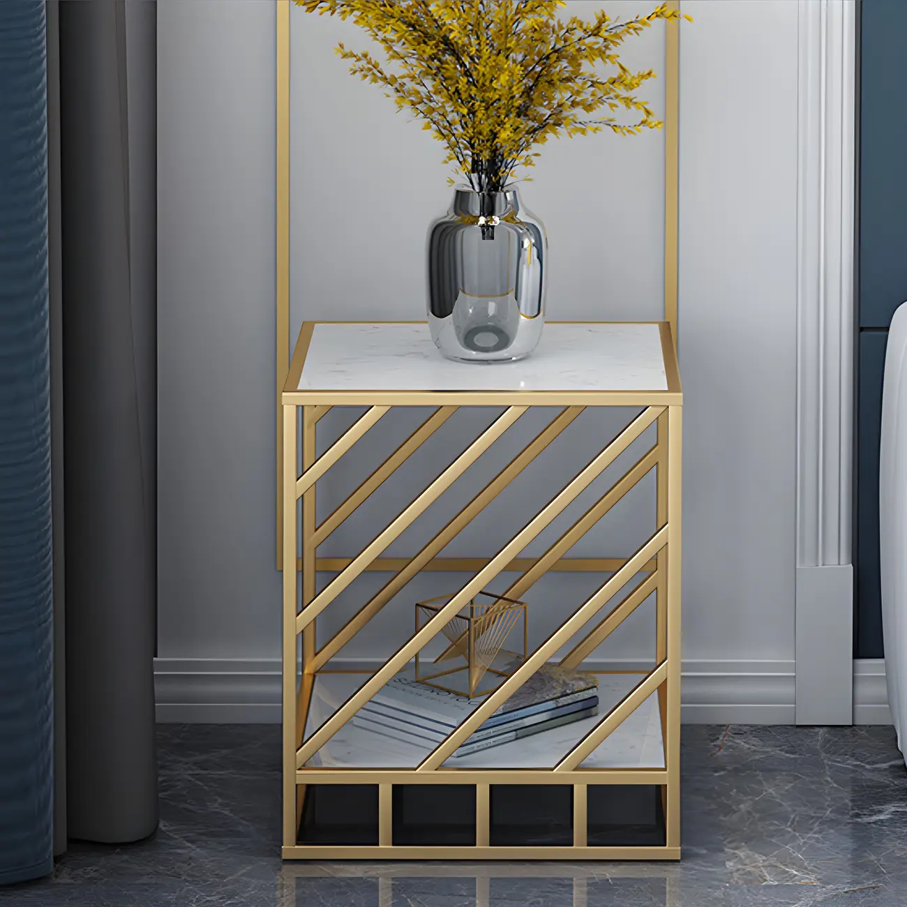 Luxury Bedside Table with Metal Frame in Black Stone Countertop Image - 7 | homeyfad