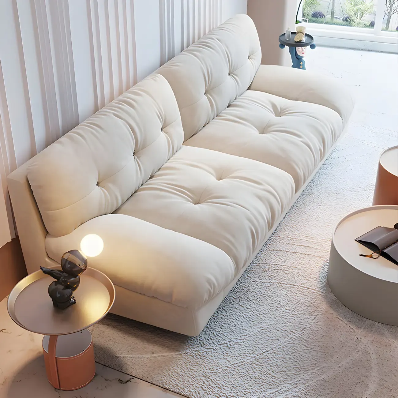 Modern Off-White Tufted Leather Sectional Sofa for Living Room Image - 2