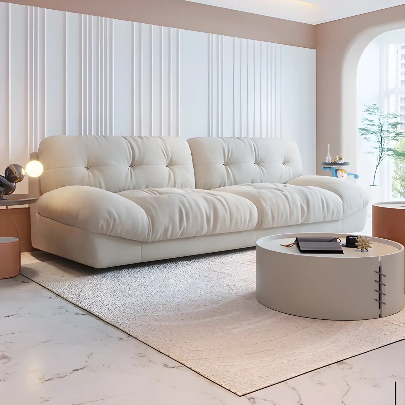 Modern Off-White Tufted Leather Sectional Sofa for Living Room Image - 3