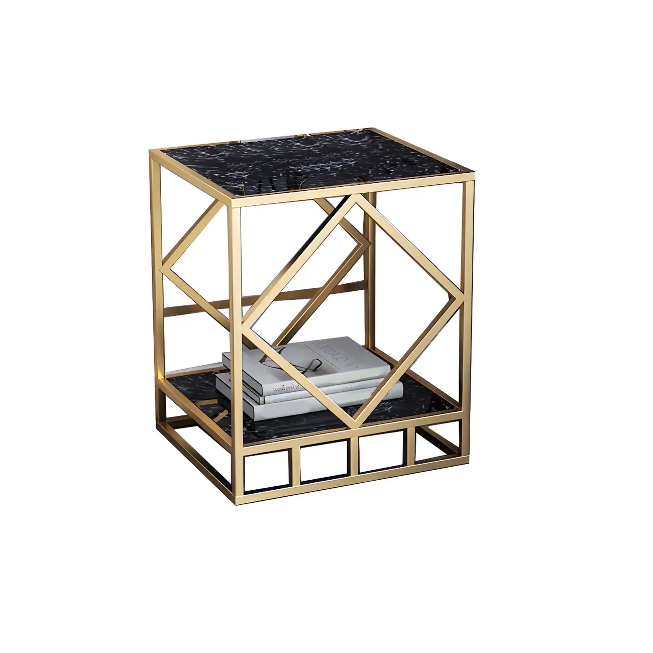 Luxury Bedside Table with Metal Frame in Black Stone Countertop Image - 8