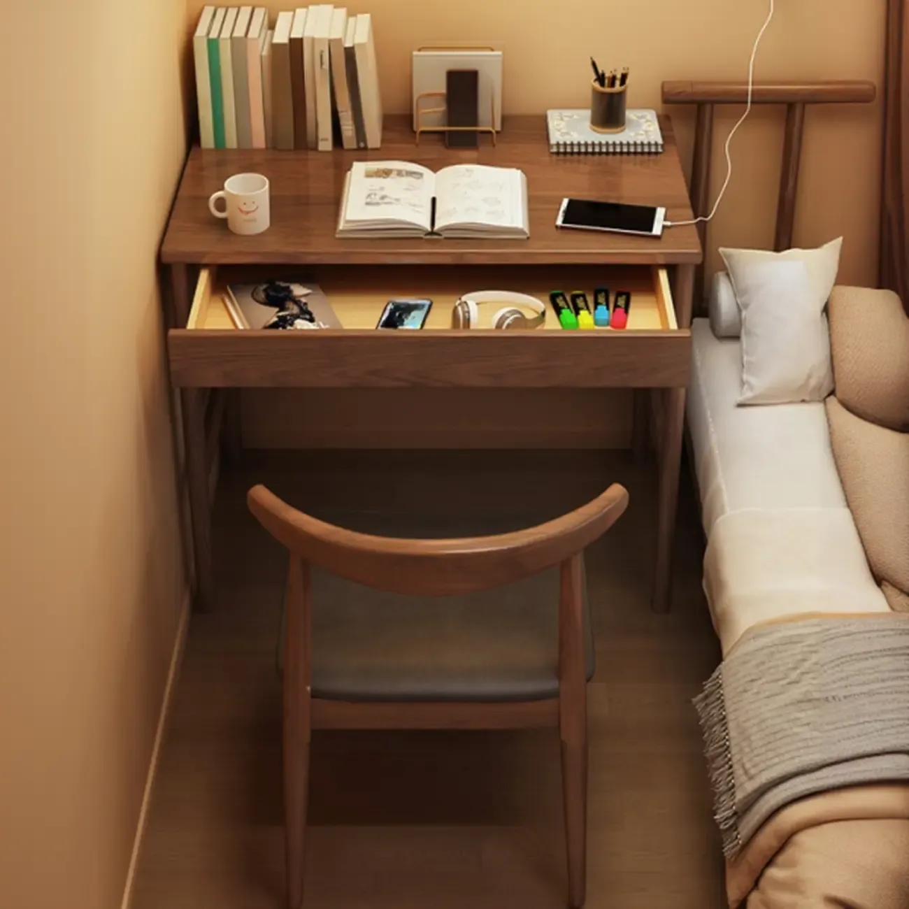 Modern Wooden Kids Writing Desk with Drawer and Chair Set Image - 1
