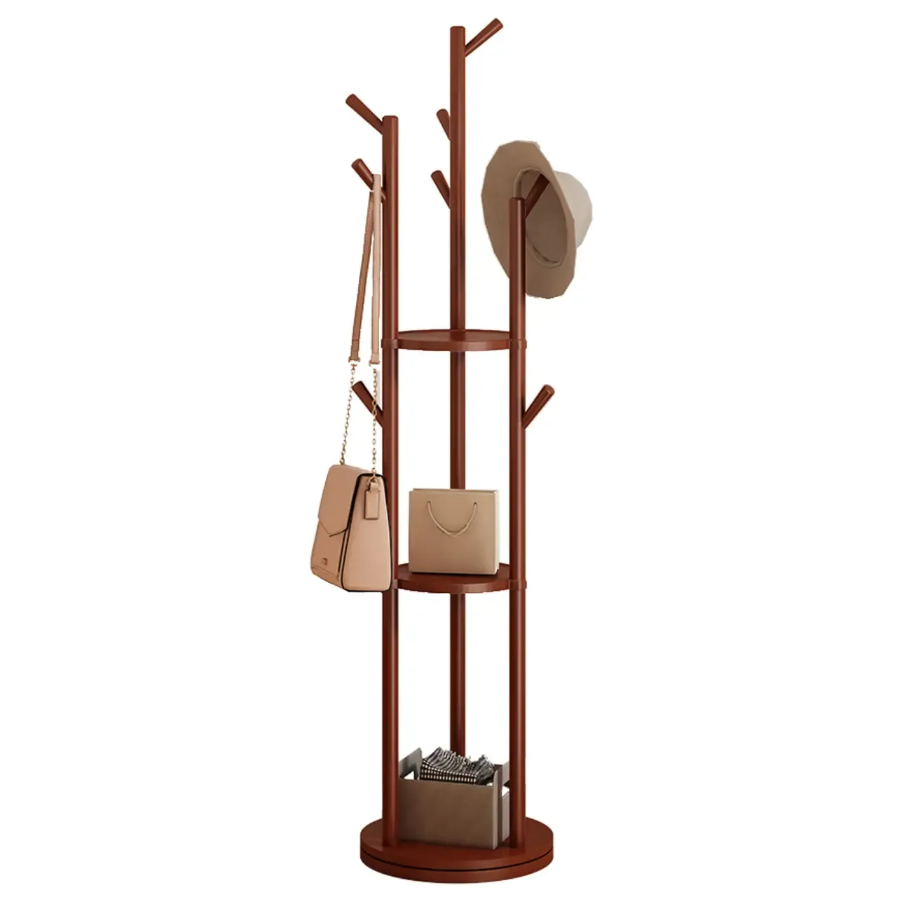 Modern Rotating Wooden Coat Rack with Shelves Image - 9