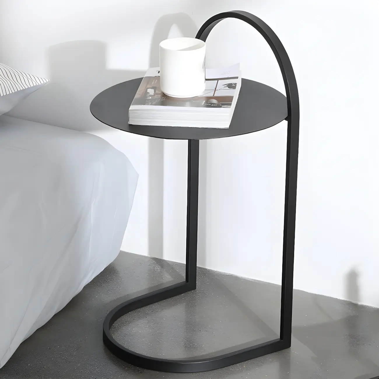 Simple Round Metal Bedside Table in Black with Shelf  Image - 4 | homeyfad
