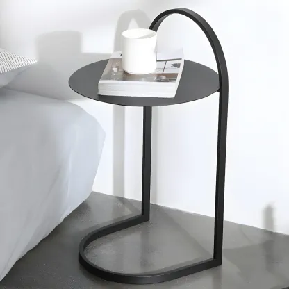 Simple Round Metal Bedside Table in Black with Shelf  Image - 4