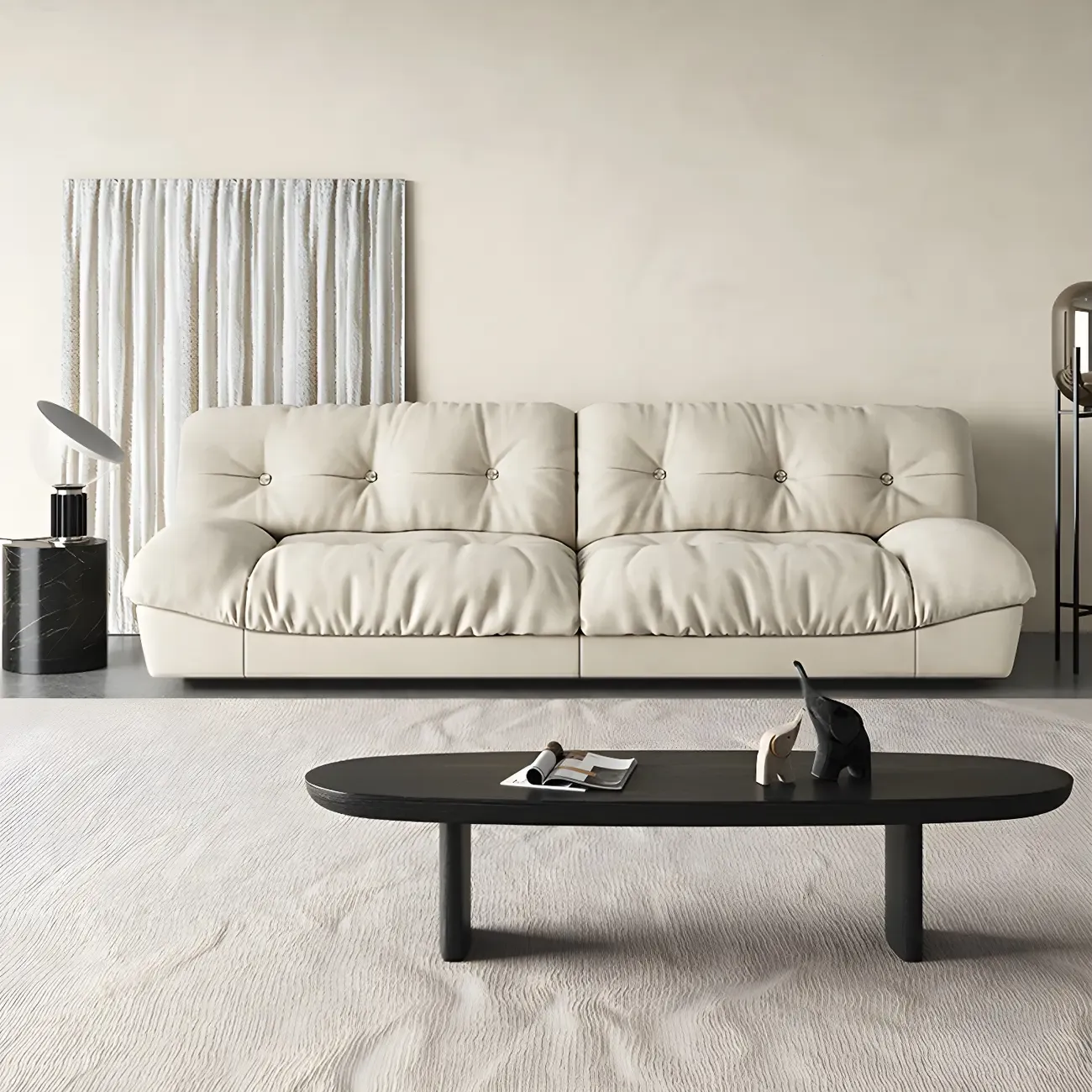 Modern Off-White Tufted Leather Sectional Sofa for Living Room Image - 4
