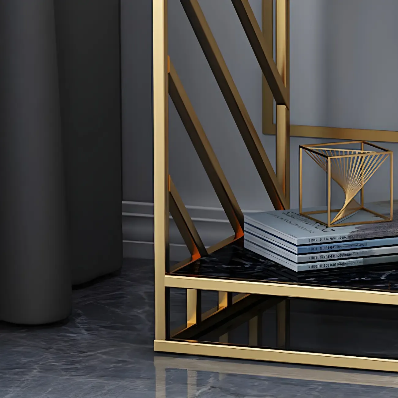 Luxury Bedside Table with Metal Frame in Black Stone Countertop Image - 9