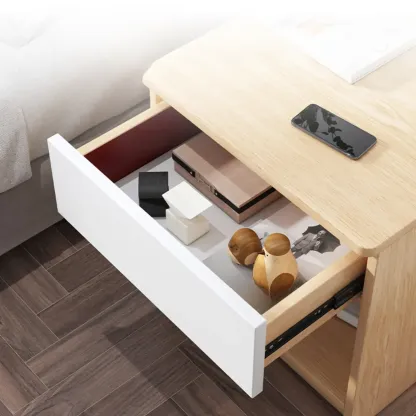 Modern Wooden Nightand with White Drawer and Open Storage Image - 2