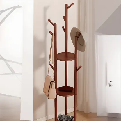 Modern Rotating Wooden Coat Rack with Shelves Image - 10