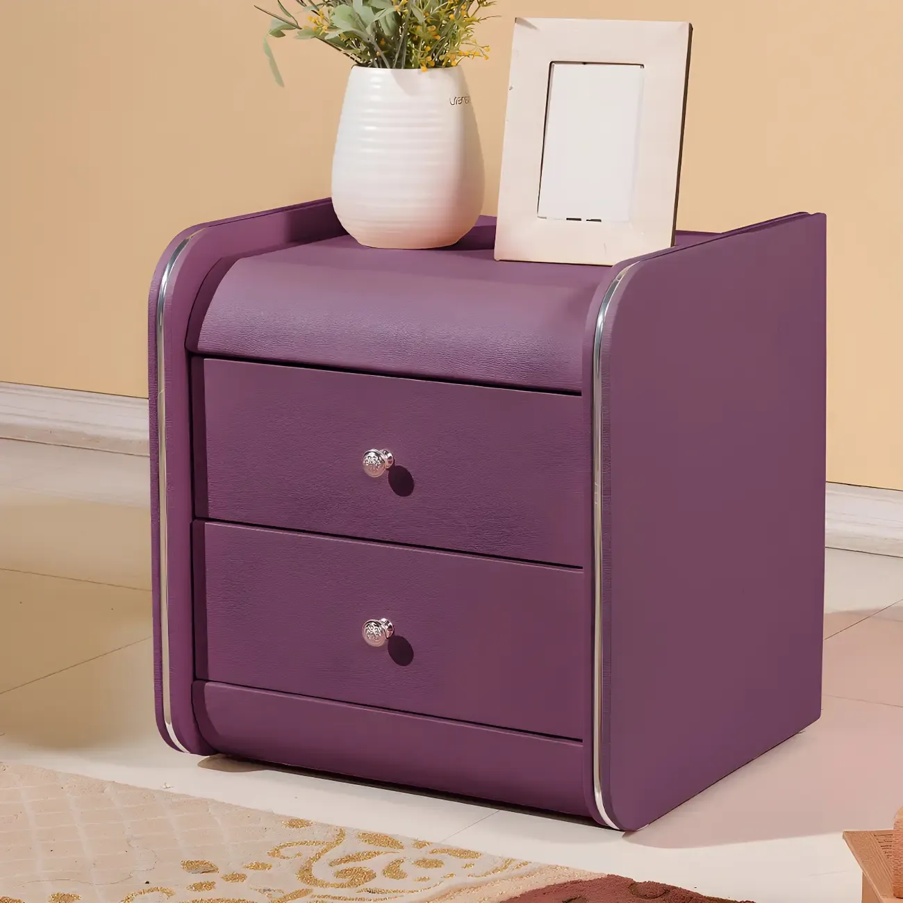 Stylish Leather Round Edge Bedside Table with 2 Drawers in Blue Image - 18