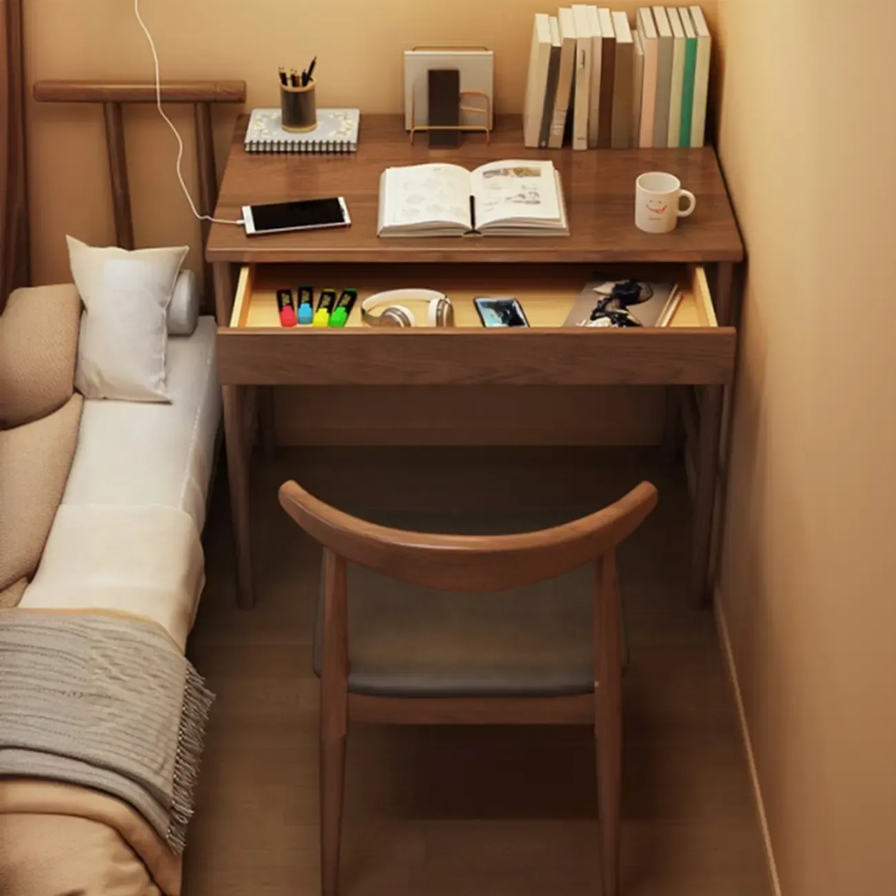 Modern Wooden Kids Writing Desk with Drawer and Chair Set Image - 2