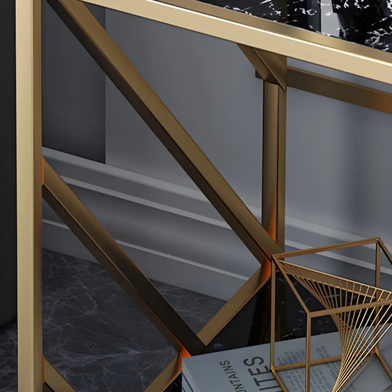 Luxury Bedside Table with Metal Frame in Black Stone Countertop Image - 10