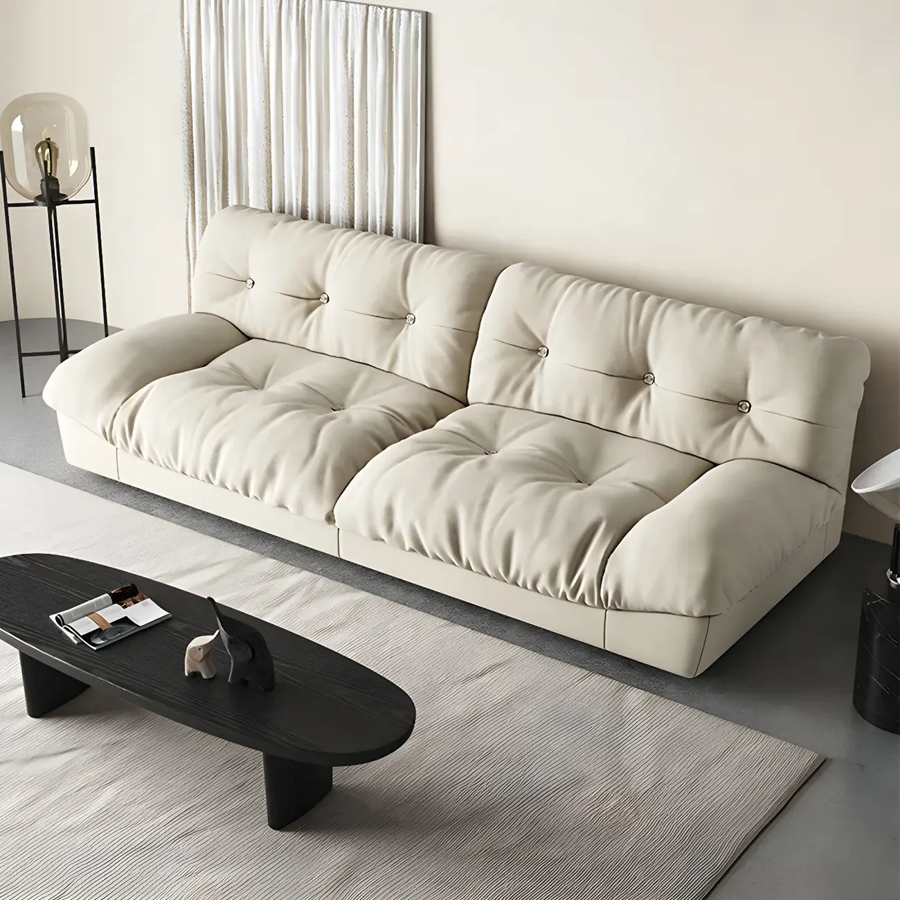 Modern Off-White Tufted Leather Sectional Sofa for Living Room Image - 5