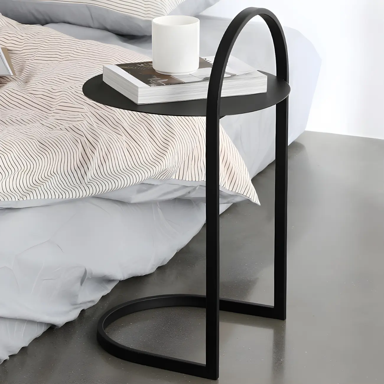 Simple Round Metal Bedside Table in Black with Shelf  Image - 2 | homeyfad