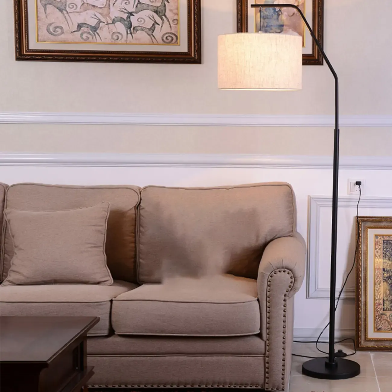 Black Traditional Floor Lamp with White Pleated Fabric Shade Image - 1