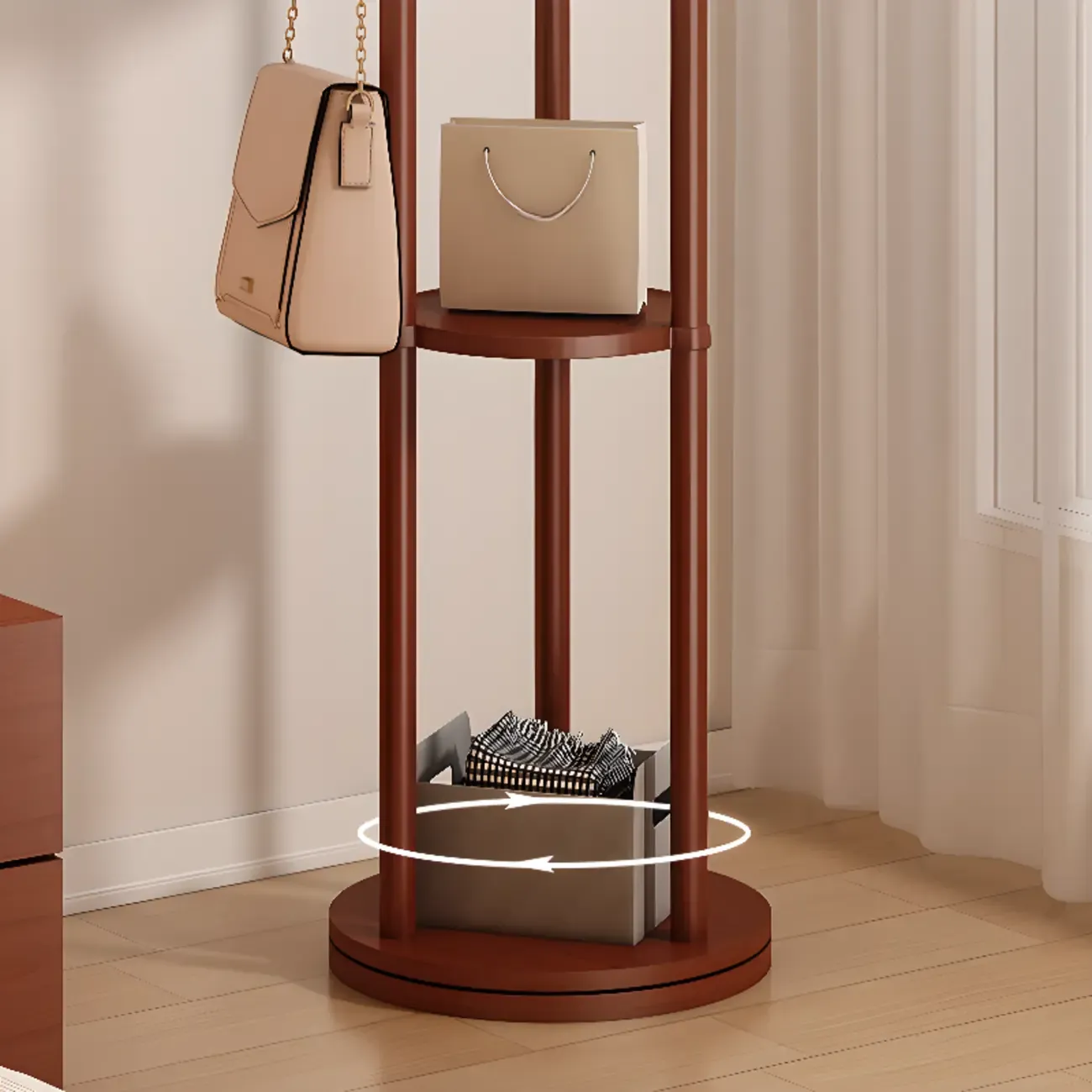Modern Rotating Wooden Coat Rack with Shelves Image - 12