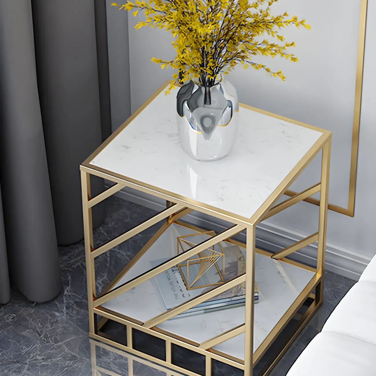 Luxury Bedside Table with Metal Frame in Black Stone Countertop Image - 11