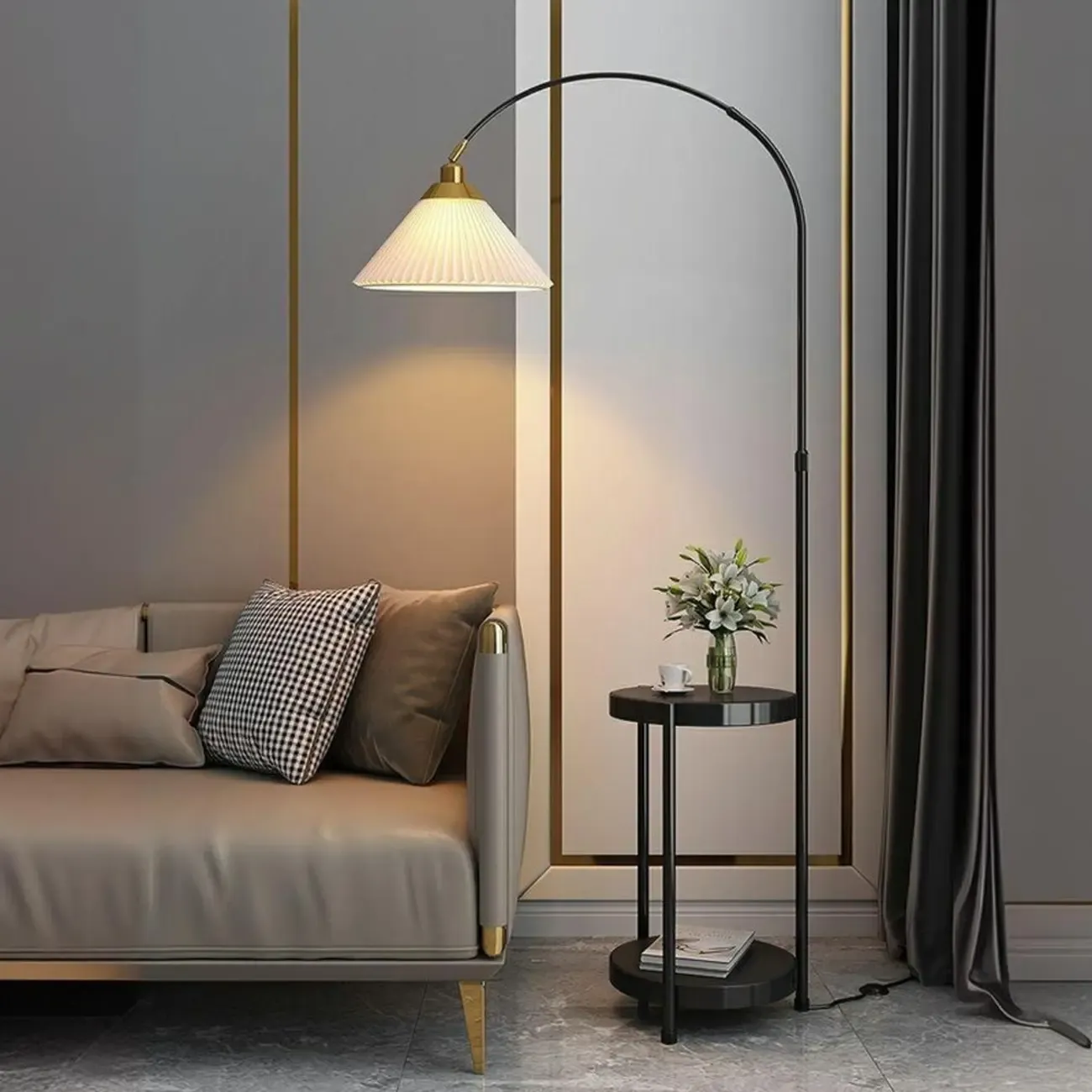 Arc Floor Lamp with Shelves and Adjustable Head for Living Room Image - 1