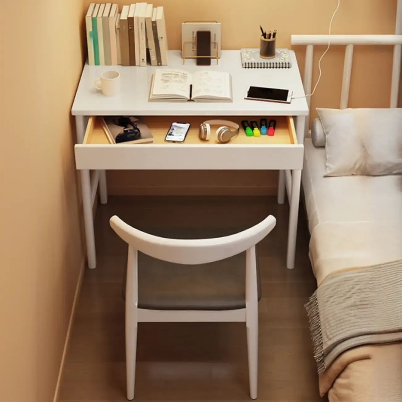 Modern Wooden Kids Writing Desk with Drawer and Chair Set Image - 4
