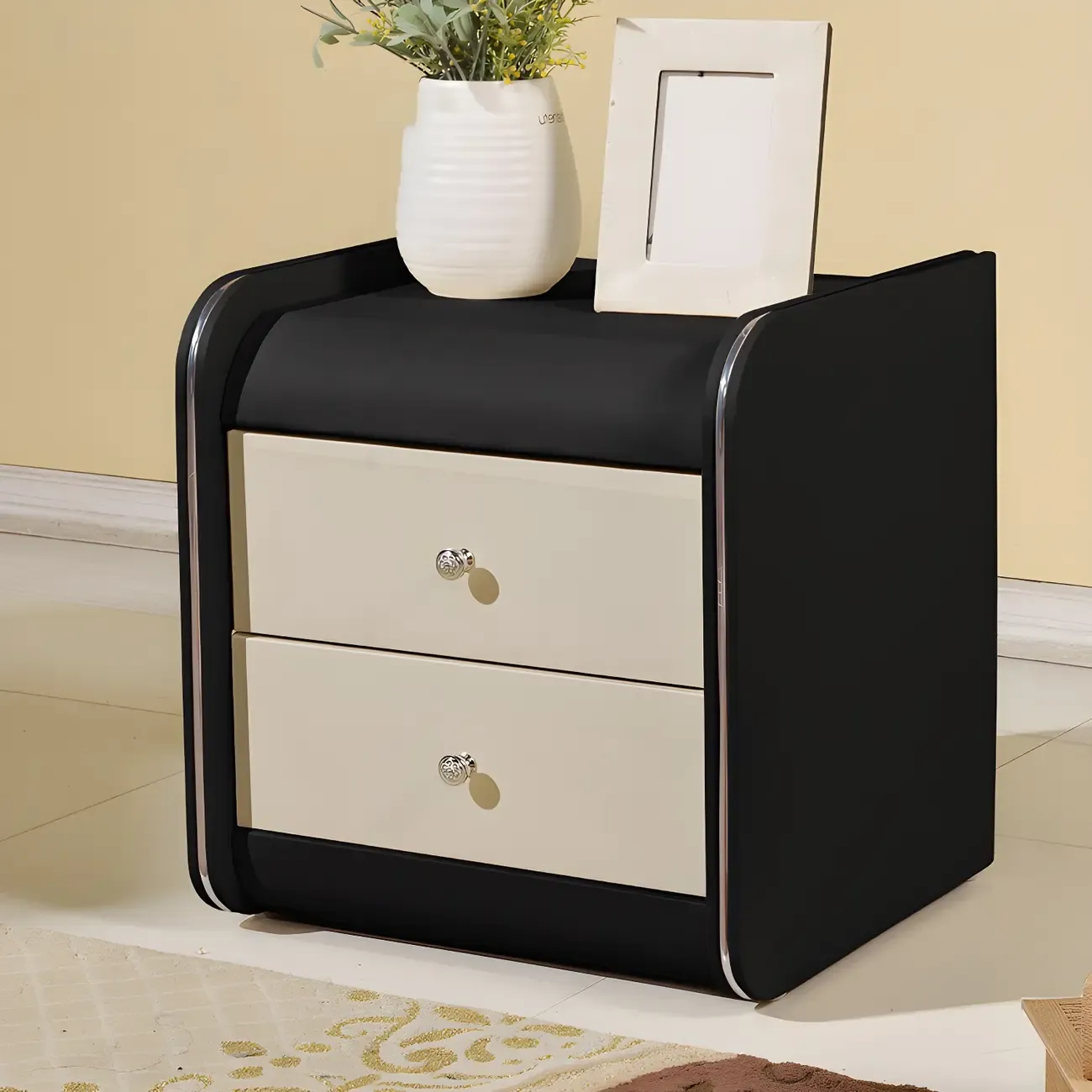 Stylish Leather Round Edge Bedside Table with 2 Drawers in Blue Image - 21