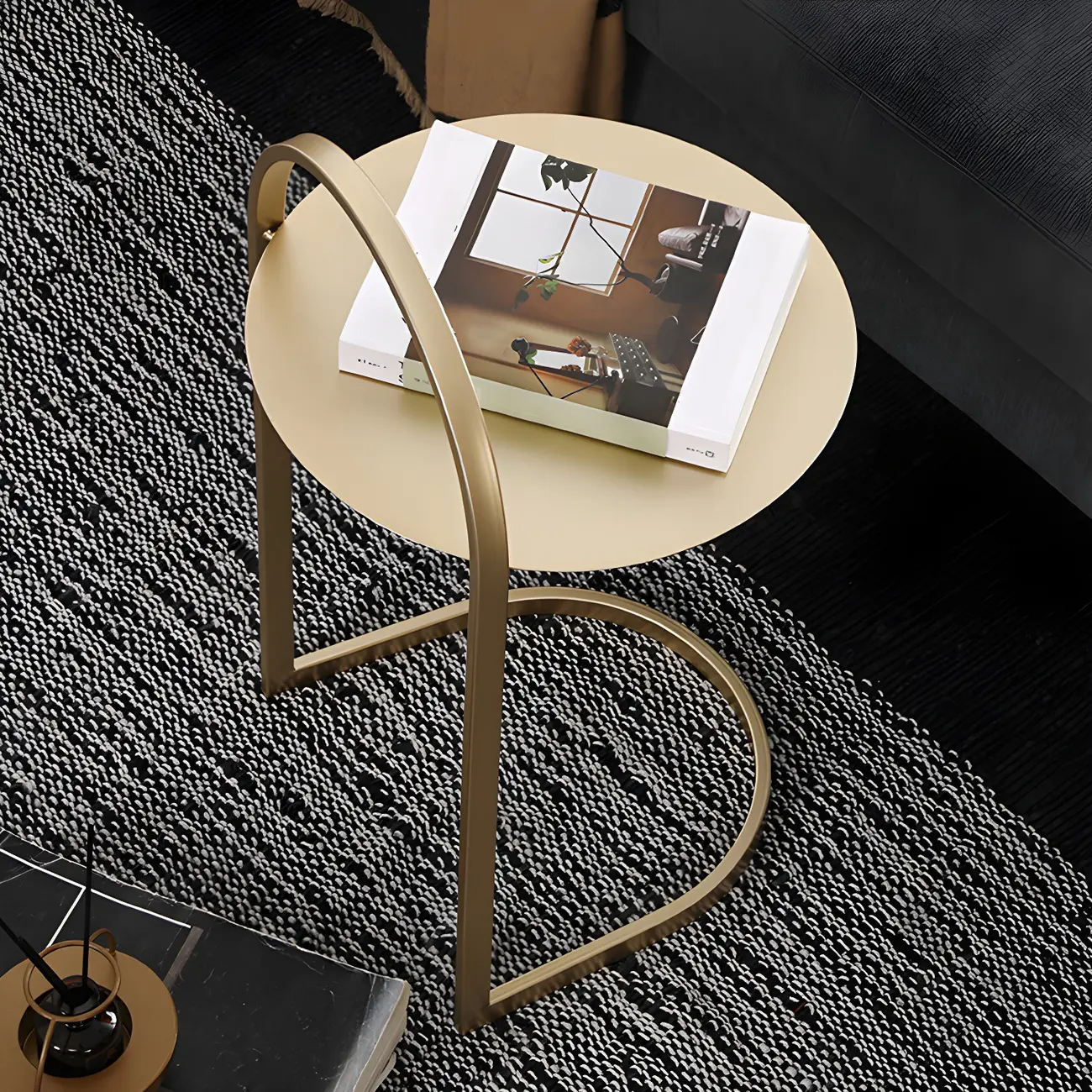 Simple Round Metal Bedside Table in Black with Shelf  Image - 3 | homeyfad