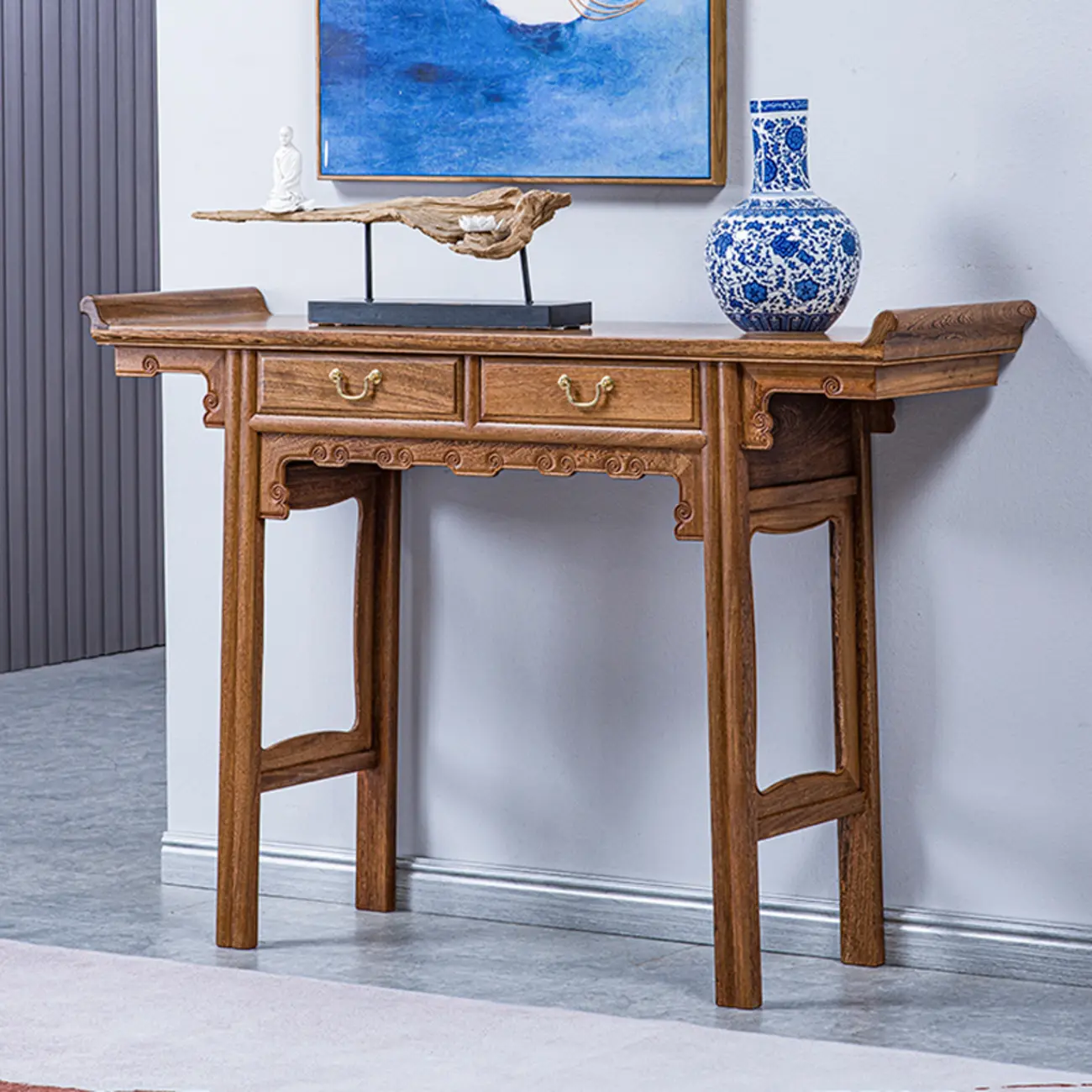 Oriental Brown Wooden Console Table with Drawers Image - 1 | homeyfad