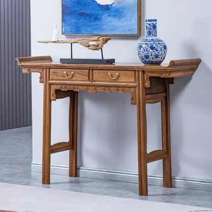 Oriental Brown Wooden Console Table with Drawers Image - 1