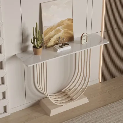 Narrow Stone Top Console Table with U-Shaped Base Image - 1