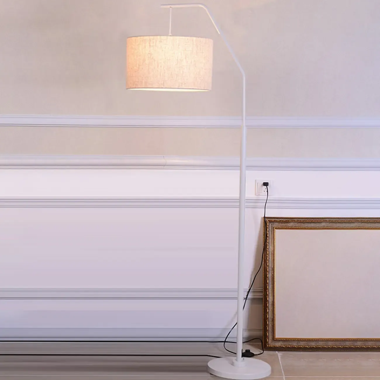 Black Traditional Floor Lamp with White Pleated Fabric Shade Image - 4